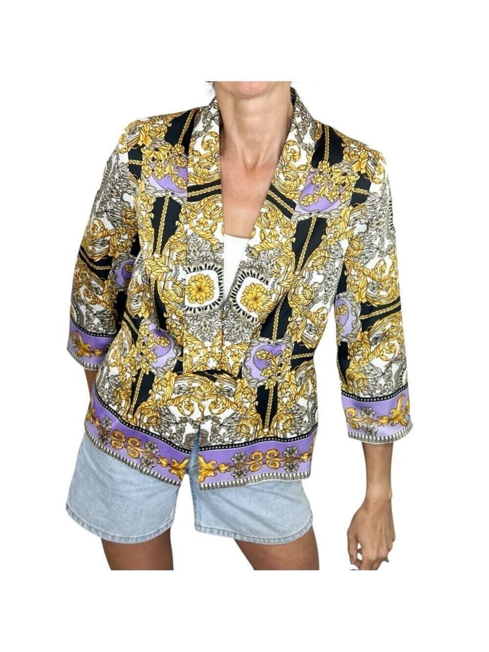 Laundry Shelli Segal Versace style white black gold purple print silky blazer 10